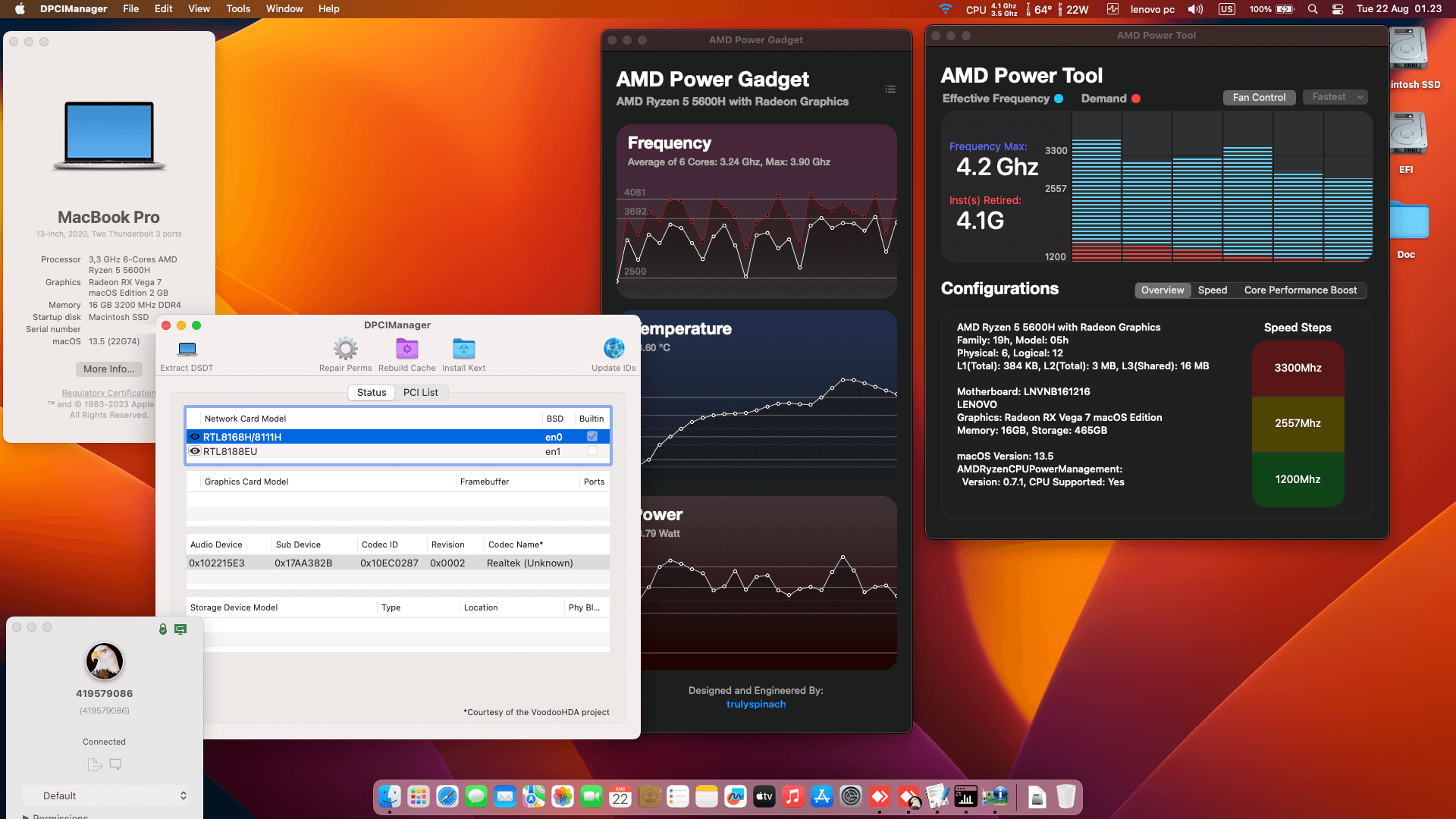 Success Hackintosh macOS Ventura 13.5 Build 22G74 in Lenovo Legion 5 15ACH6